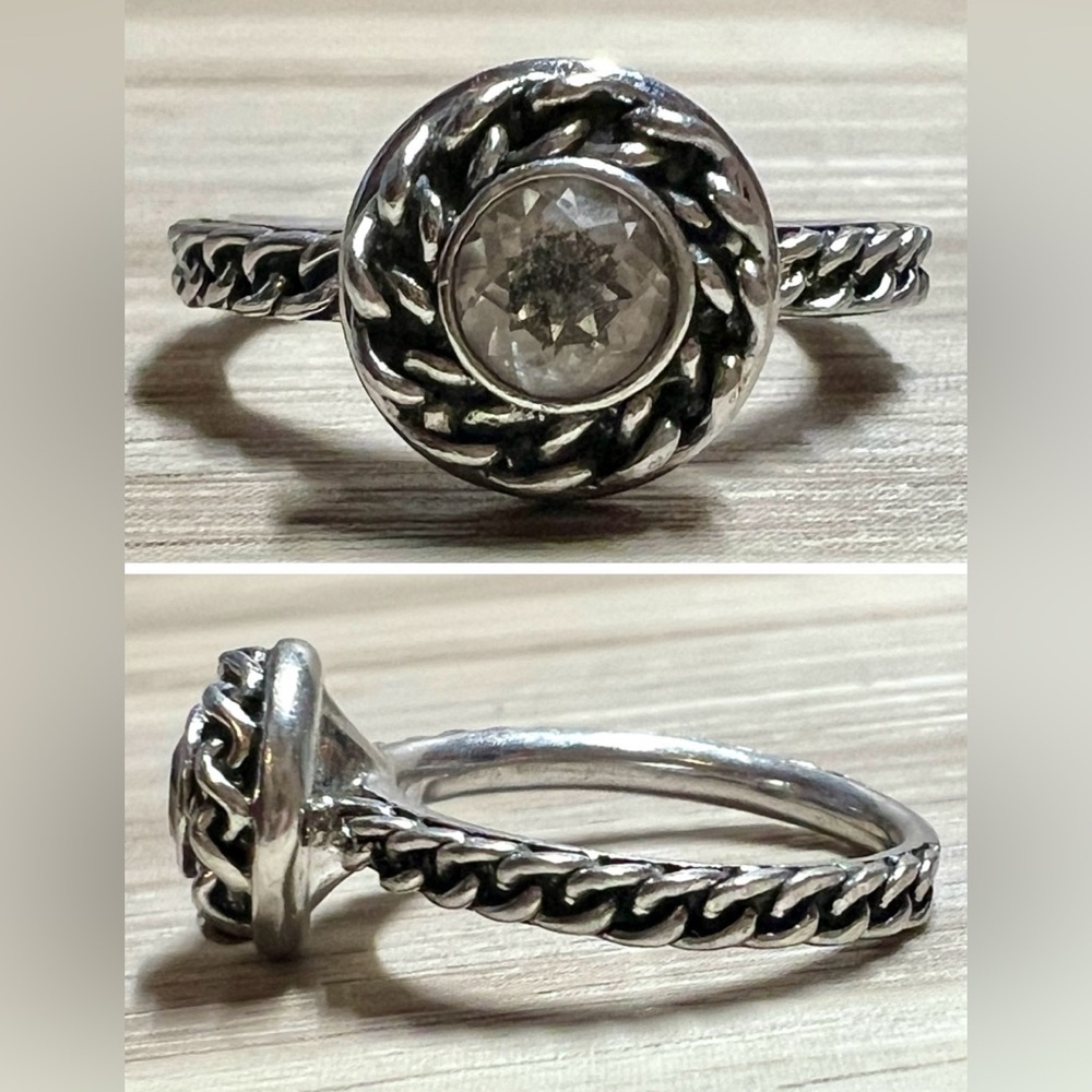 Vintage Handmade Designer Signed Sterling Silver CZ Chain Ring, Size 5.75